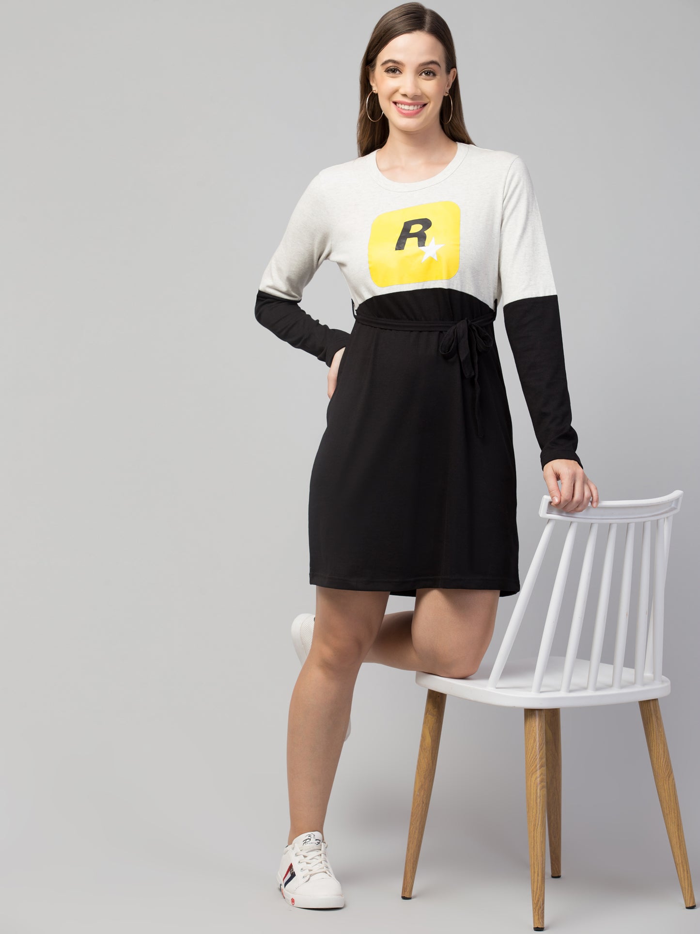 Women’s Cotton Black & White Graphic Print Full Sleeve Short T-Shirt Dress – Casual Streetwear