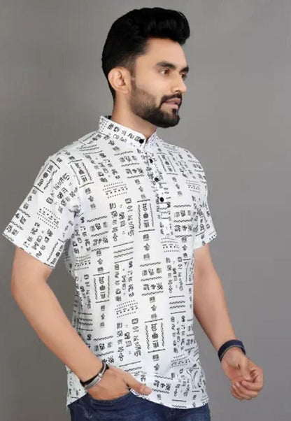 Men’s White & Black Cotton Printed Casual Shirt – Half Sleeves, Spread Collar, Stylish Daily Wear Shirt