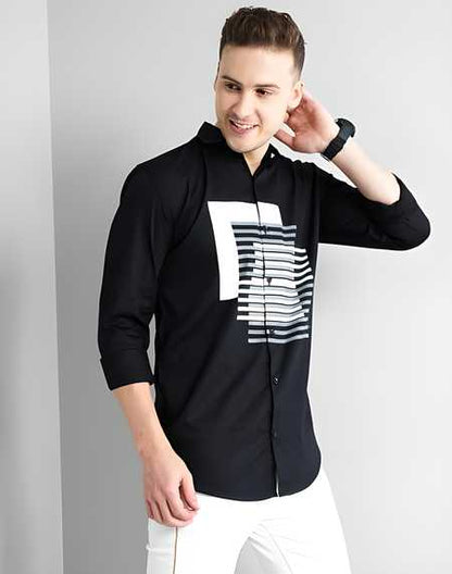 Men’s Black Cotton Printed Casual Shirt – Full Sleeves, Regular Fit, Stylish Daily Wear Shirt