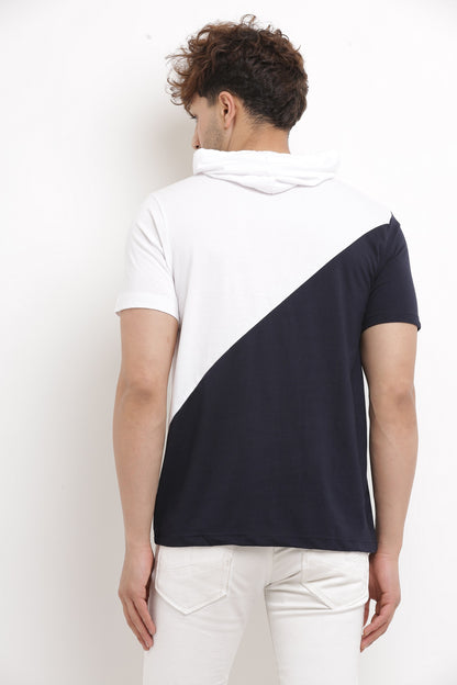 Men’s Navy Blue & White Cotton Colourblocked Hooded T-Shirt – Casual Streetwear Essential