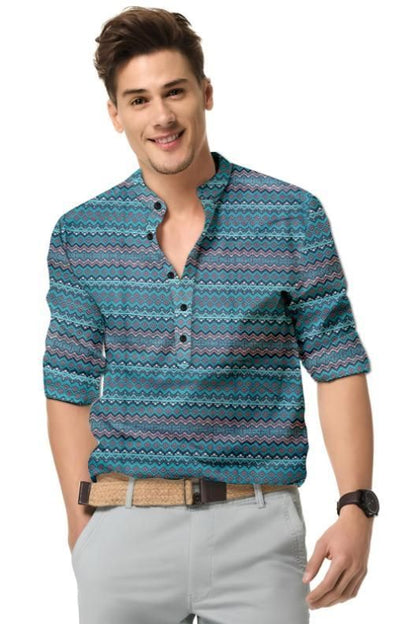 Men’s Blue Printed Cotton Casual Shirt – Mandarin Spread Collar Full Sleeve Festive & Everyday Wear
