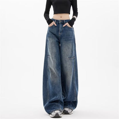American Fashion Wide-Leg Denim Pants for Women, Loose Fit, Slimming, Floor-Length, Trendy Jeans