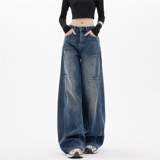American Fashion Wide-Leg Denim Pants for Women, Loose Fit, Slimming, Floor-Length, Trendy Jeans
