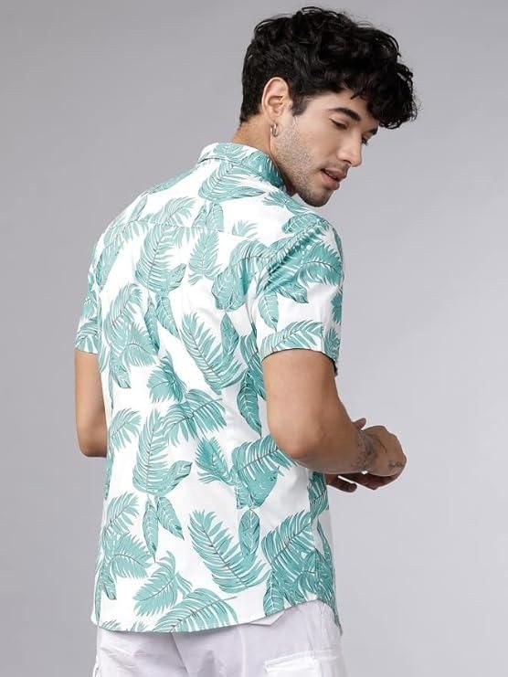 Men’s White & Light Green Cotton Printed Casual Shirt – Half Sleeves, Regular Collar, Stylish Daily Wear Shirt