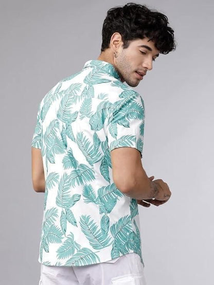 Men’s White & Light Green Cotton Printed Casual Shirt – Half Sleeves, Regular Collar, Stylish Daily Wear Shirt
