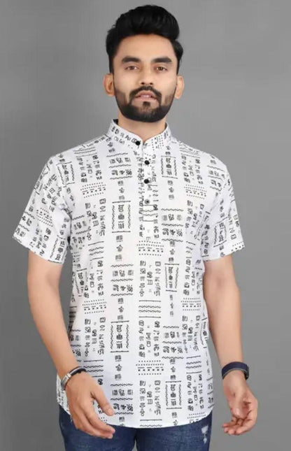 Men’s White & Black Cotton Printed Casual Shirt – Half Sleeves, Spread Collar, Stylish Daily Wear Shirt