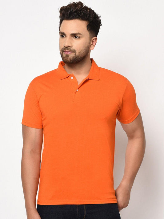 Men’s Orange Cotton-Blend Solid Polo T-Shirt – Half Sleeves, Regular Fit