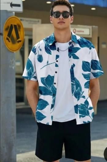 Men’s White & Blue Cotton Printed Casual Shirt – Half Sleeves, Regular Collar, Stylish Daily Wear