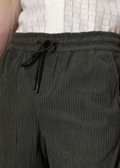 Men’s Olive Green Corduroy Casual Trousers – Solid Ribbed Pants for Streetwear & Everyday Wear