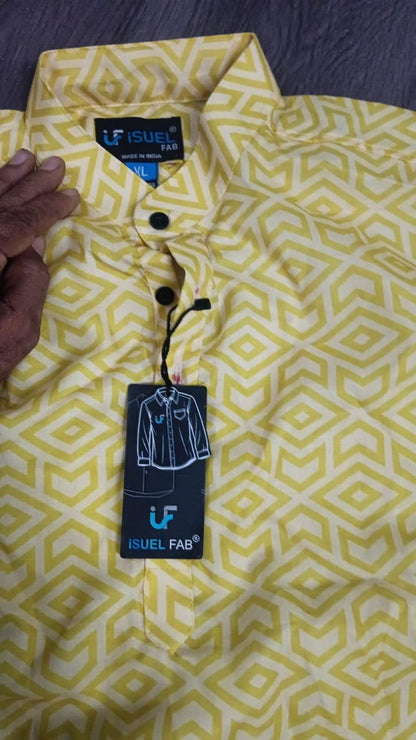 Men’s Yellow Printed Cotton Casual Shirt – Spread Collar Full Sleeve Festive & Daily Wear