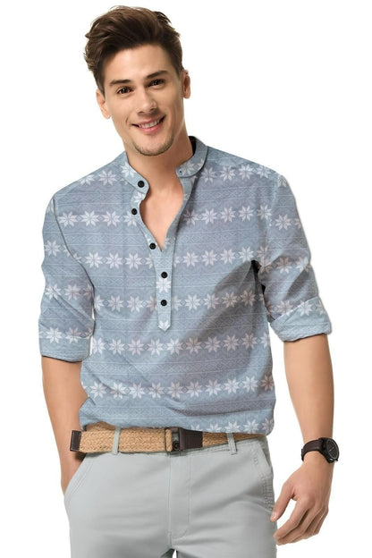 Men’s Grey Printed Cotton Casual Shirt – Full Sleeves, Mandarin Spread Collar, Festive & Everyday Wear