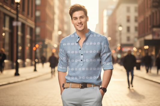 Men’s Grey Printed Cotton Casual Shirt – Full Sleeves, Mandarin Spread Collar, Festive & Everyday Wear