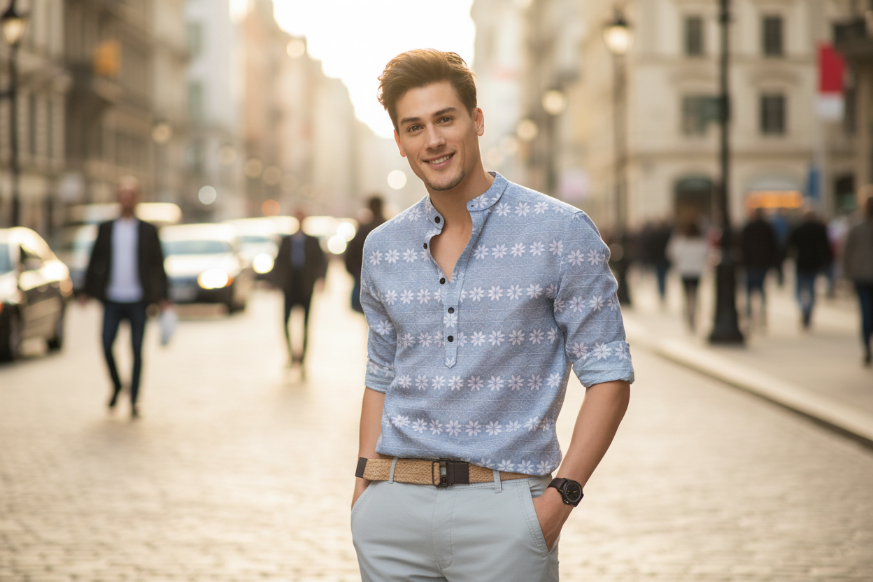 Men’s Grey Printed Cotton Casual Shirt – Full Sleeves, Mandarin Spread Collar, Festive & Everyday Wear
