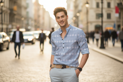 Men’s Grey Printed Cotton Casual Shirt – Full Sleeves, Mandarin Spread Collar, Festive & Everyday Wear