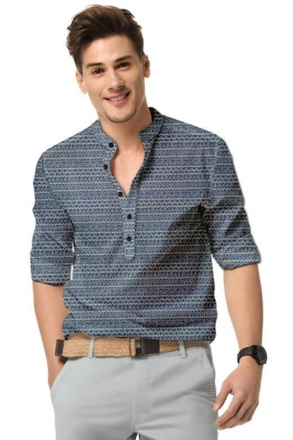 Men’s Navy Blue Printed Cotton Casual Shirt – Spread Collar Full Sleeve Festive & Daily Wear
