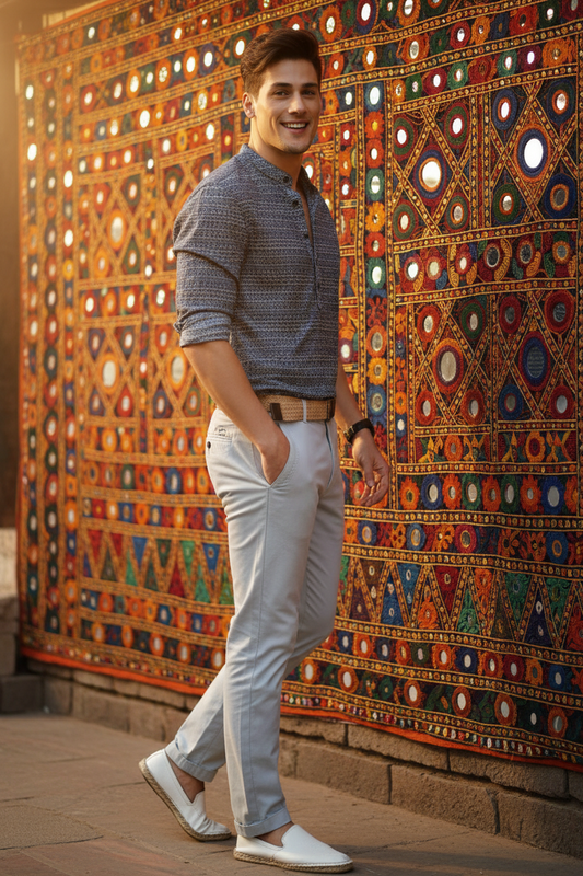 Men’s Navy Blue Printed Cotton Casual Shirt – Spread Collar Full Sleeve Festive & Daily Wear