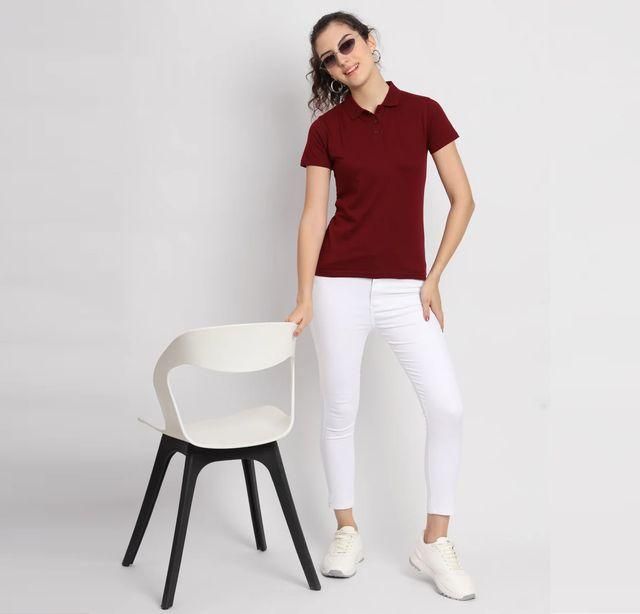 Women’s Maroon Cotton Blend Polo Neck T-Shirt – Casual Half Sleeve Tee for Smart Everyday Comfort