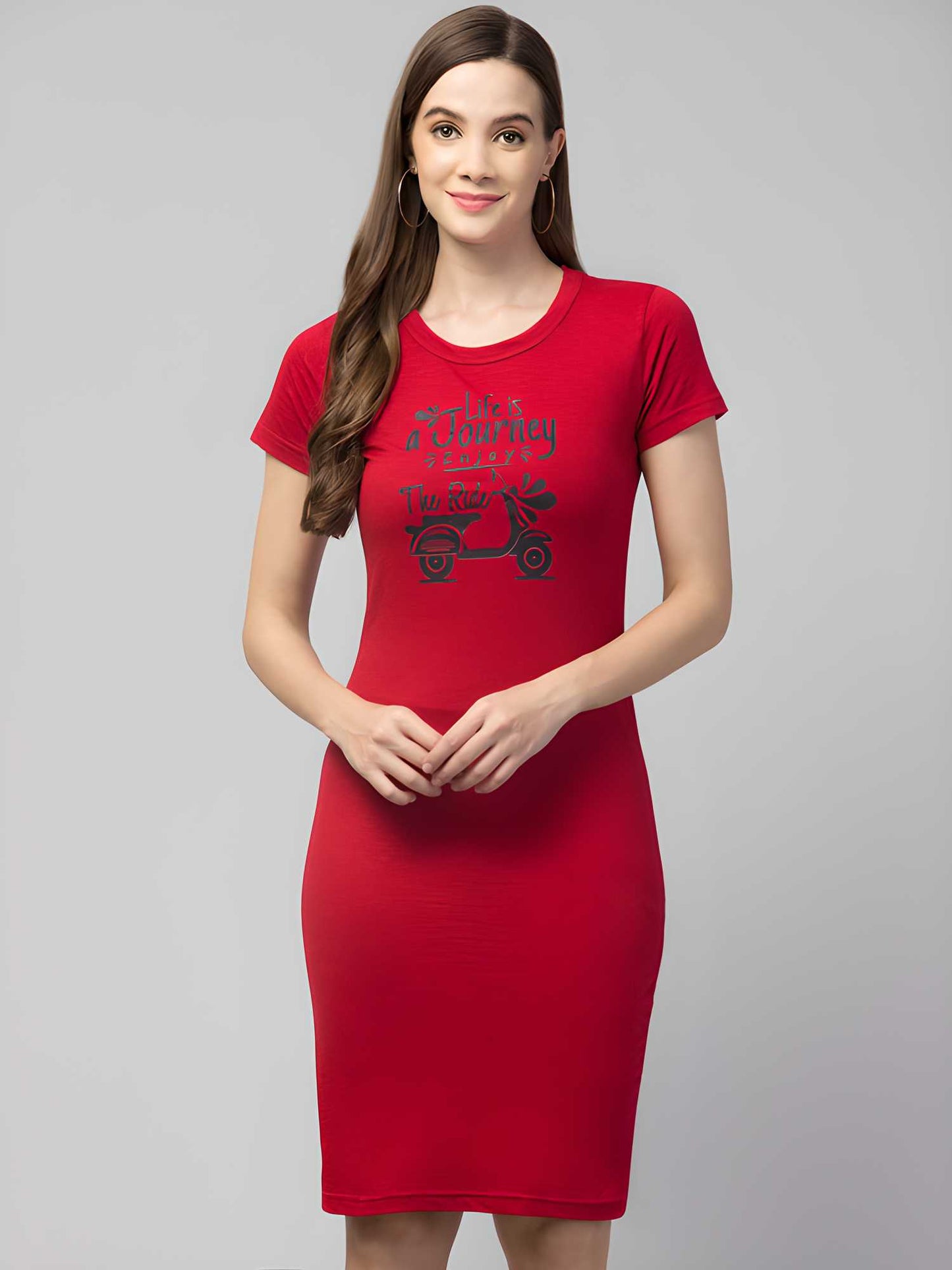 Women's Cotton Red Graphic Print Short Sleeves T-Shirt Dress