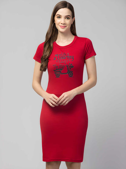 Women's Cotton Red Graphic Print Short Sleeves T-Shirt Dress