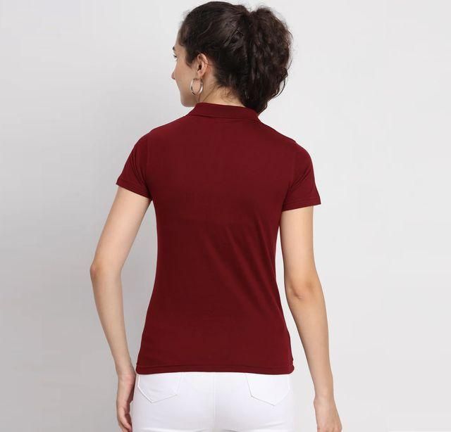 Women’s Maroon Cotton Blend Polo Neck T-Shirt – Casual Half Sleeve Tee for Smart Everyday Comfort