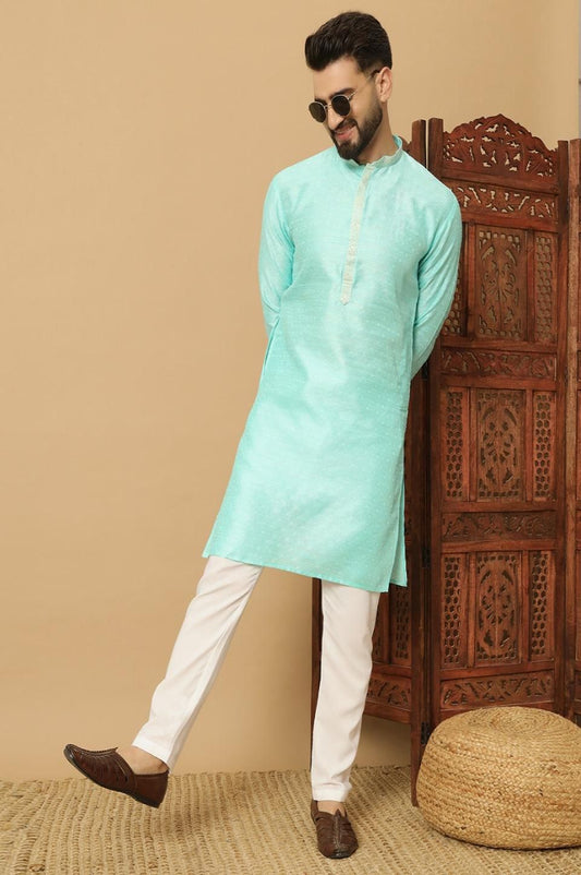 Men's Jacquard Aqua Blue Solid Kurta Pyjama Set
