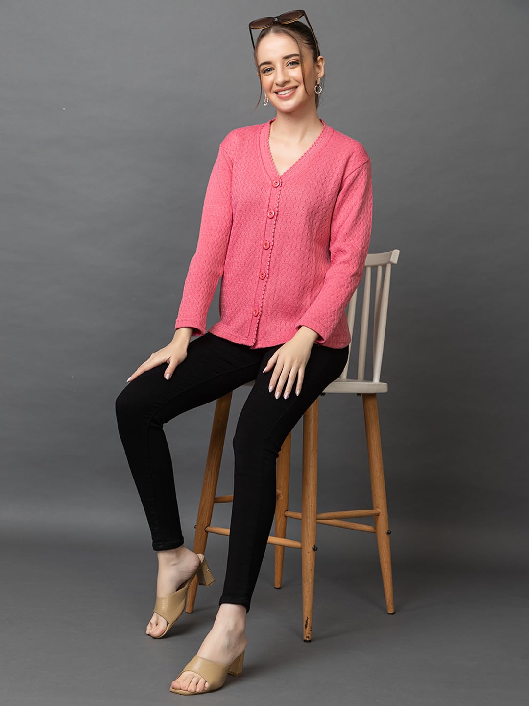 Women's Woolen V Neck Casual Wear Stylish Cardigan Sweaters for Winter with Side Pocket - Cozy and Warm Winter Sweater