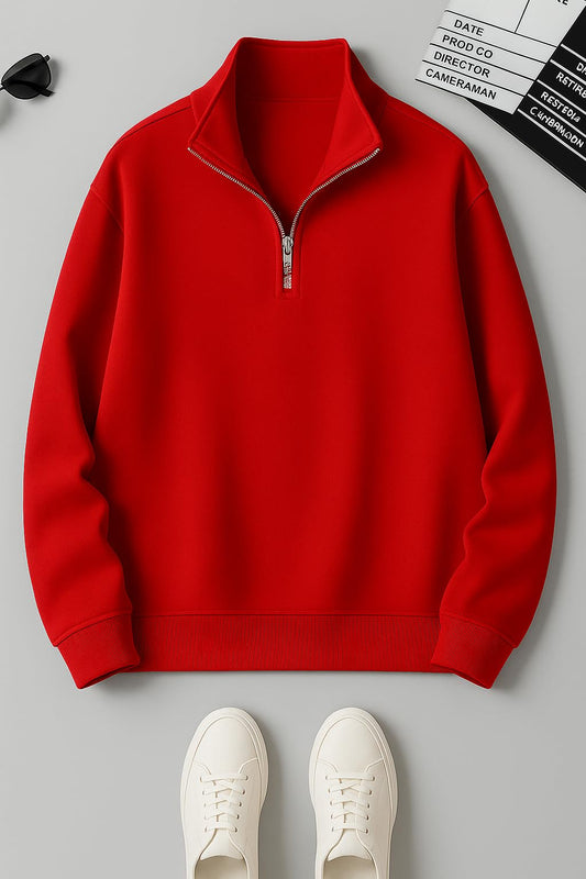 Women’s Fleece Half-Zip Red Color High Neck Sweatshirt - Warm & Stylish Winter Wear