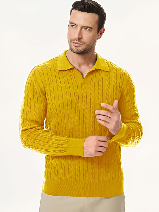 Men's Full Sleeve Cable Knitted Woolen Polo Collar Mustard Sweater - Casual Stylish Polo Sweater