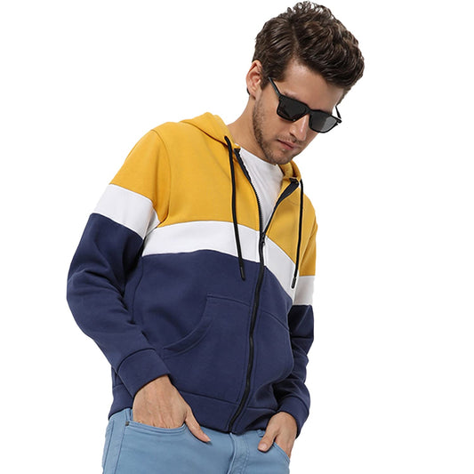 Men's Yellow & Blue Colour Blocked Regular Fit Full Zipper Sweatshirt with Hoodie for Winter Wear | Full Sleeve | Cotton Sweatshirt | Casual Sweatshirt for Men | Stylish Sweatshirt for Man