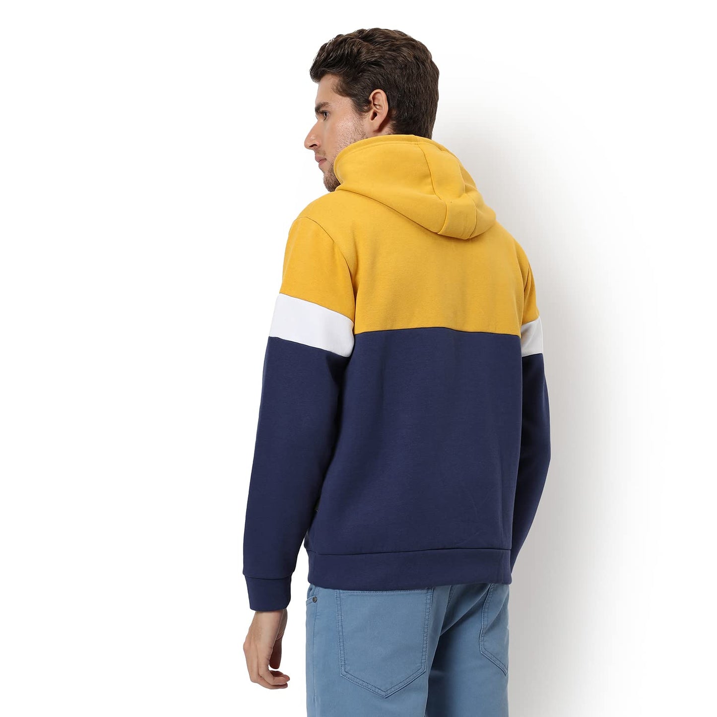 Men's Yellow & Blue Colour Blocked Regular Fit Full Zipper Sweatshirt with Hoodie for Winter Wear | Full Sleeve | Cotton Sweatshirt | Casual Sweatshirt for Men | Stylish Sweatshirt for Man