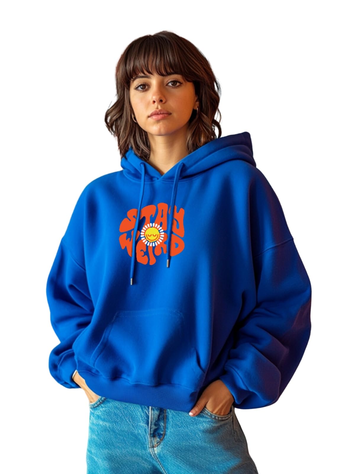 JUNEBERRY® Cotton Polly Fleece Oversized Fit Blue Graphic Hoodie for Women