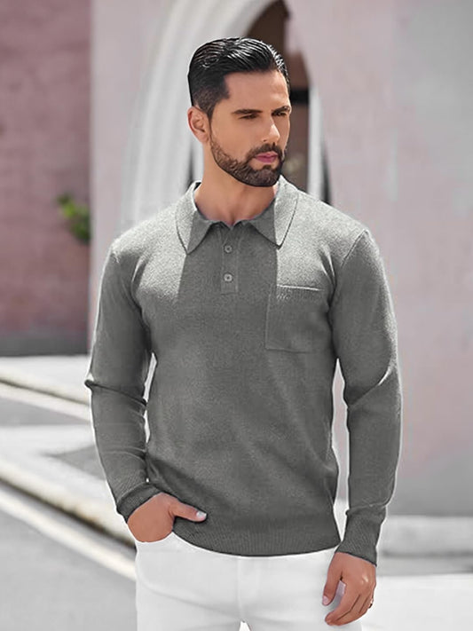 Men's Long Sleeve Polo Sweater Knit Polo Casual Heavyweight Thermal Pullover Sweater with Pocket