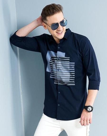 Men’s Navy Blue Cotton Printed Casual Shirt – Full Sleeves, Regular Fit, Stylish Daily Wear Shirt
