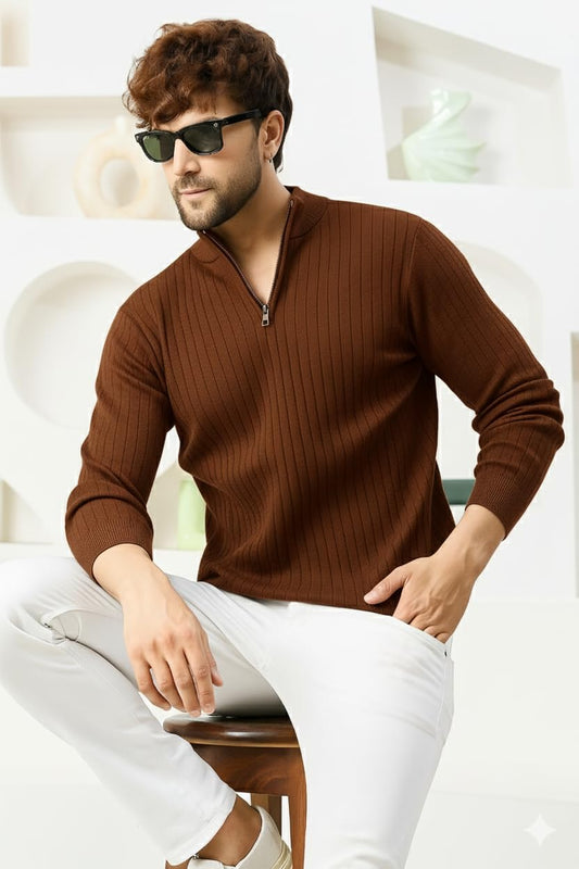Men's Half Zip Full Sleeves Solid Coffee Sweater - Stylish Casual Warm Winter Wear