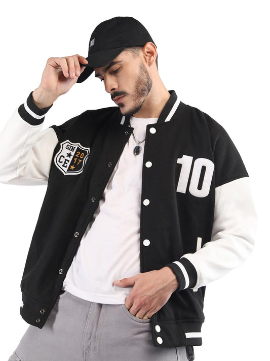 Men’s Oversized Varsity Jacket with Snap Button Closure and Patch Design Trendy Comfortable Outerwear for College Travel and Casual Wear Black & White