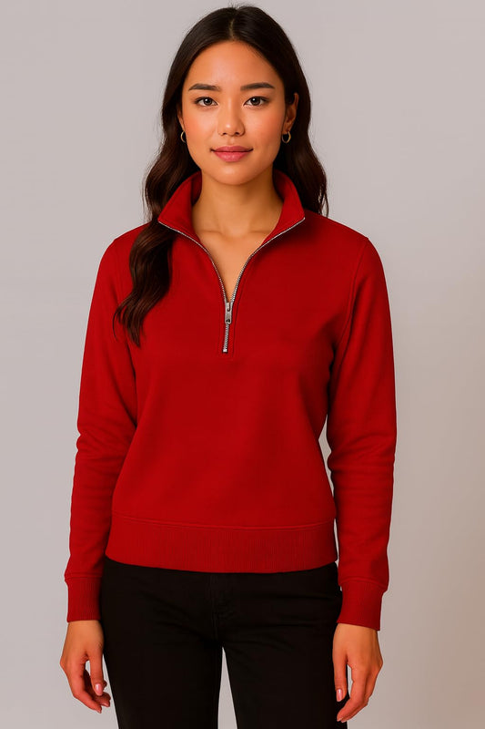 Women’s Fleece Half-Zip Rust Color High Neck Rust Sweatshirt | Warm & Stylish Winter Wear