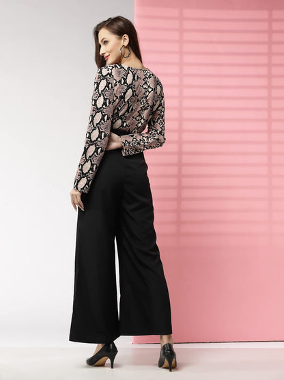 LONDON BELLY Women dress | jumpsuit | jumpsuits for women stylish | snake print V-neckline maxi jumpsuit black long sleeve top high-waisted pants stylish comfortable casual formal elegant outfit