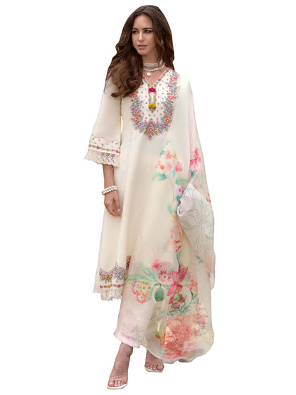 INDO ERA Women's Off White Silk Blend Embroidered A-Line Kurta and Pant with Dupatta Set (IEOUT6682_XX-Large)
