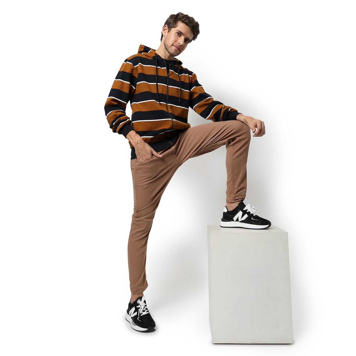 Men's Brown & Black Striped Regular Fit Full Zip Color Blocked Hooded Sweatshirt - Casual Sweatshirt for Men