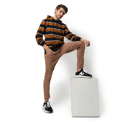 Men's Brown & Black Striped Regular Fit Full Zip Color Blocked Hooded Sweatshirt - Casual Sweatshirt for Men