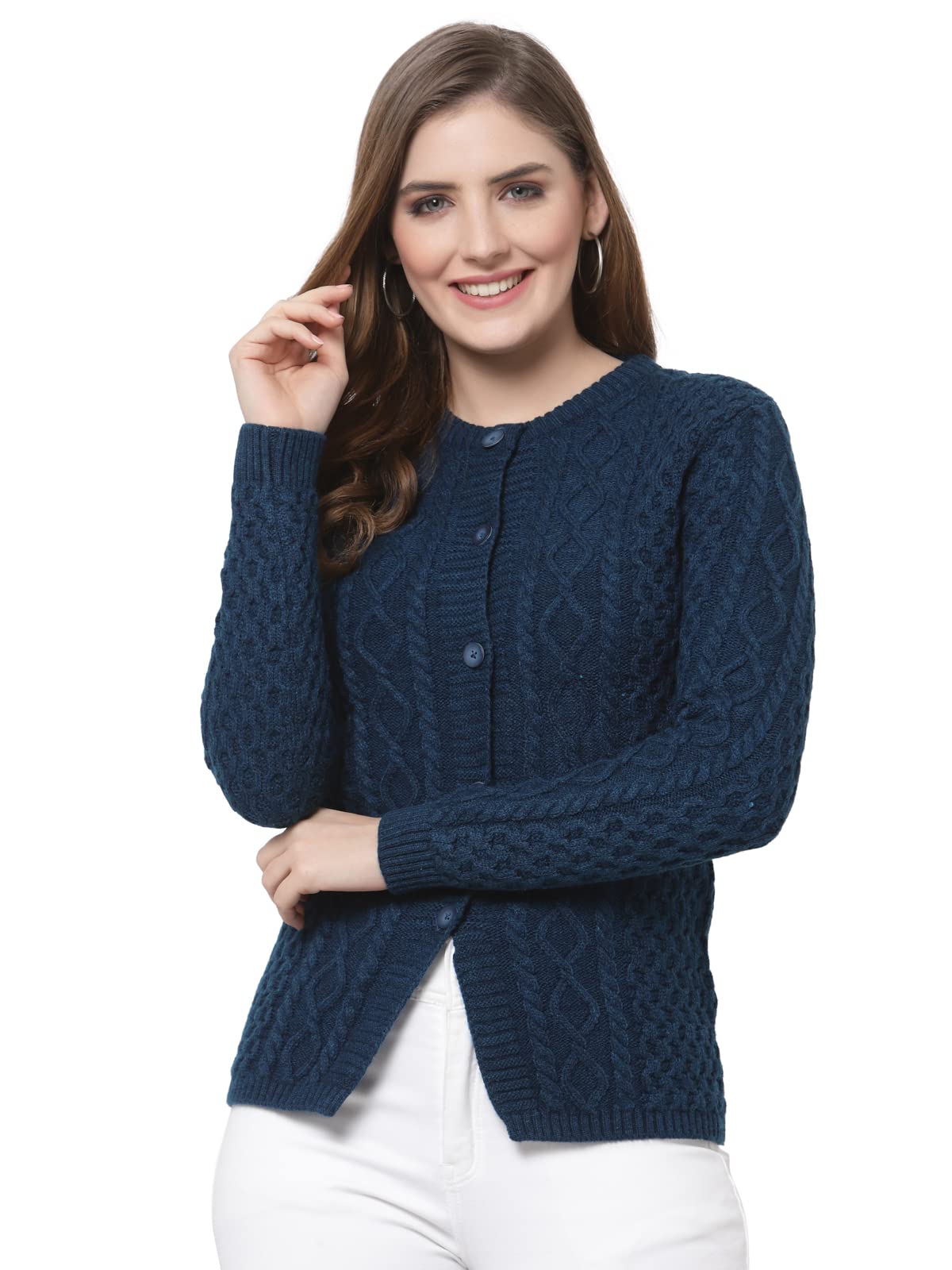 Women's Woolen Acrylic Full Sleeve Round Neck Cable Design Teal Cardigan - Stylish Woolen Sweater for Winters