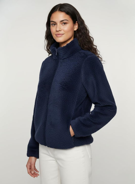 Women’s Navy Fluffy Yarn Fleece Full Zip Jacket | Soft, Lightweight Warm Winter Outerwea