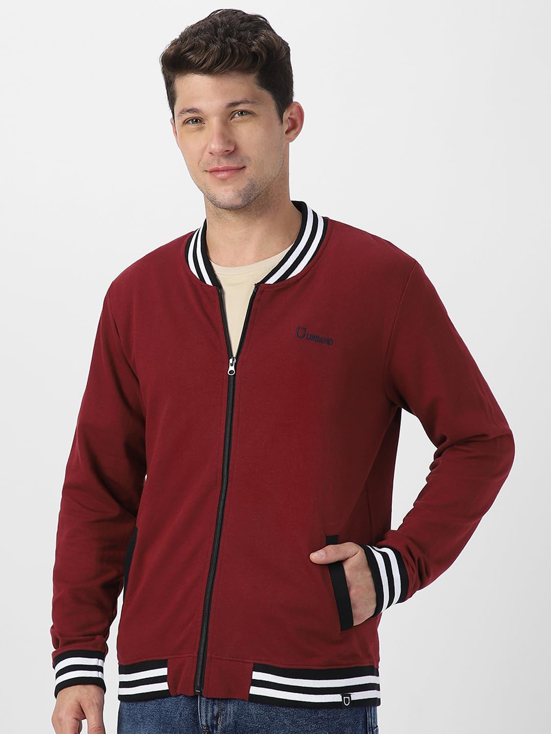 Men's Maroon Cotton Zippered Varsity Sweatshirt Jacket - Stylish Casual Streetstyle Winterwear