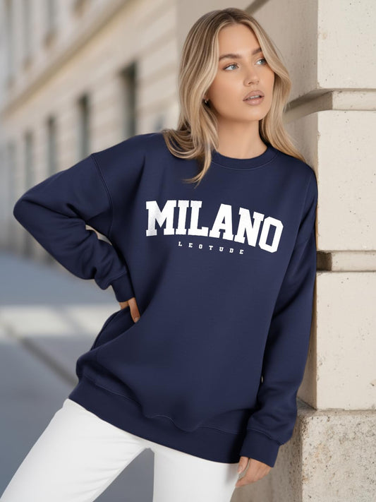 Women's Loop Knit Round Neck Loose Fit Full Sleeve Navy Sweatshirt