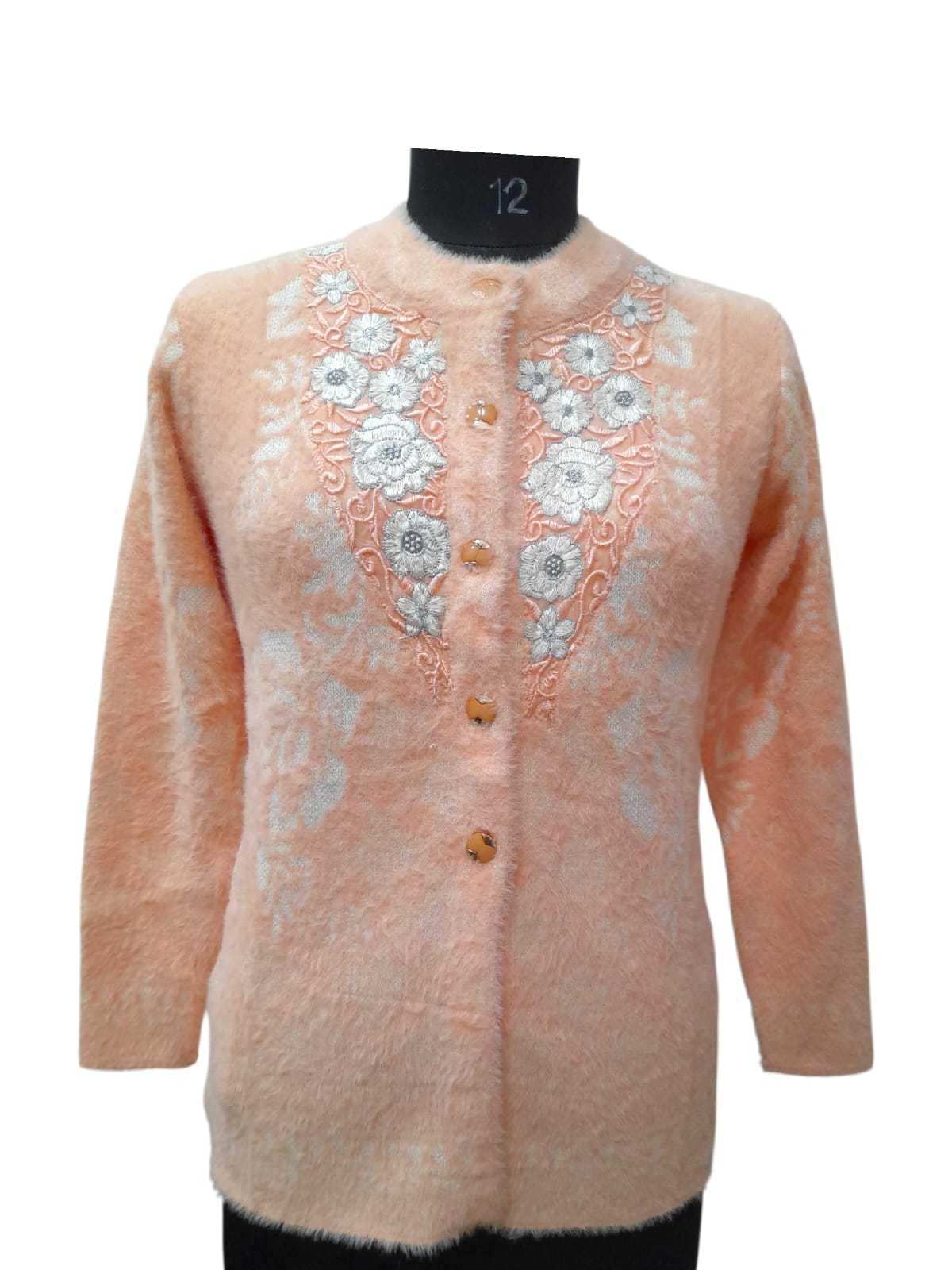 Women's Woolen Round Neck Peach Cardigan Sweater - Stylish Pure Wool Winter Wear