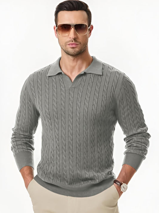 Men's Cotton Full Sleeve Collar Polo Cable Knitted Cement Grey Sweater - Stylish Casual Polo Neck Sweater