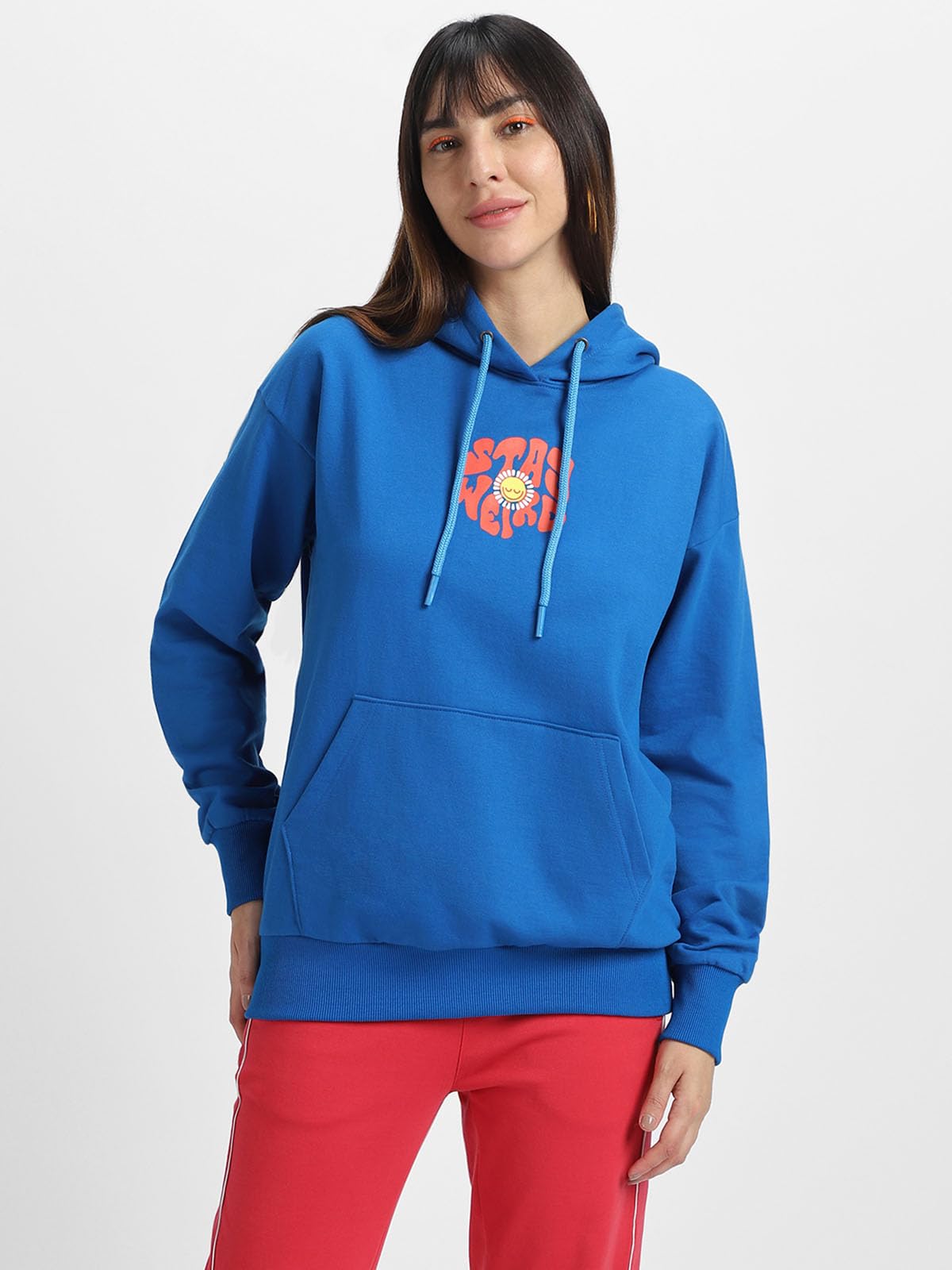 JUNEBERRY® Cotton Polly Fleece Oversized Fit Blue Graphic Hoodie for Women