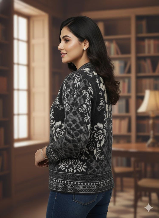 Women's Woolen Round Neck Black Cardigan Sweater - Stylish Pure Wool Winter Wear