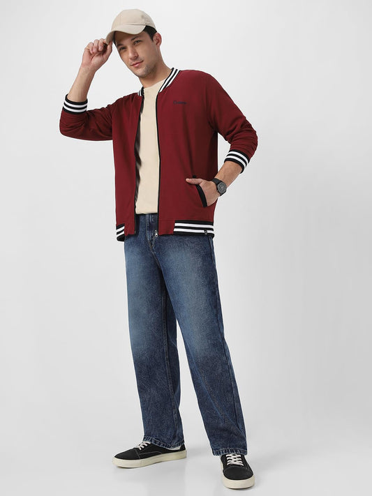 Men's Maroon Cotton Zippered Varsity Sweatshirt Jacket - Stylish Casual Streetstyle Winterwear