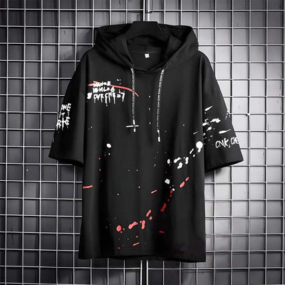 Men’s Black Cotton Graffiti Print Hooded T-Shirt – Half Sleeves Streetwear